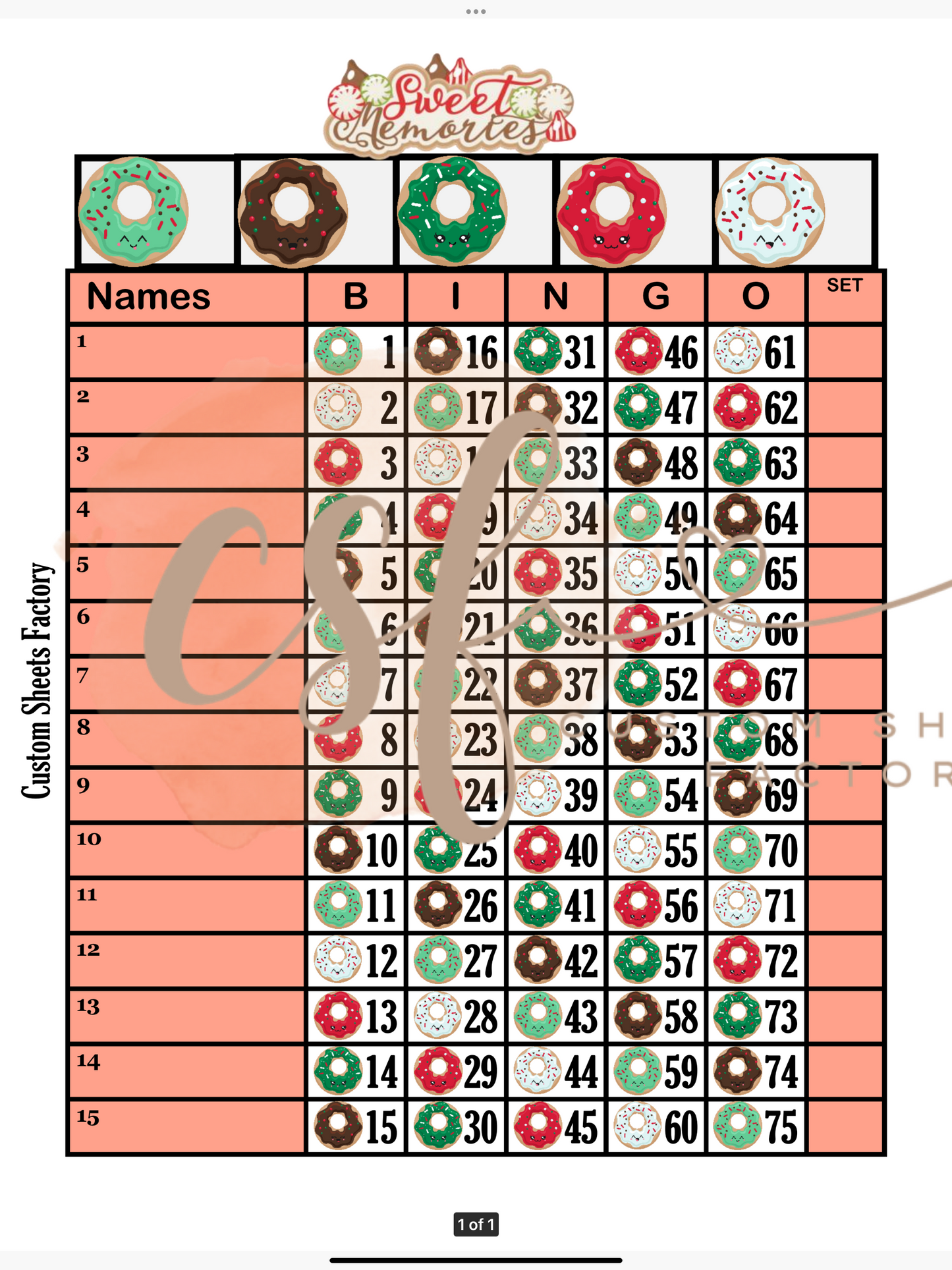 Sweet Memories - 15 Line - 75 Ball