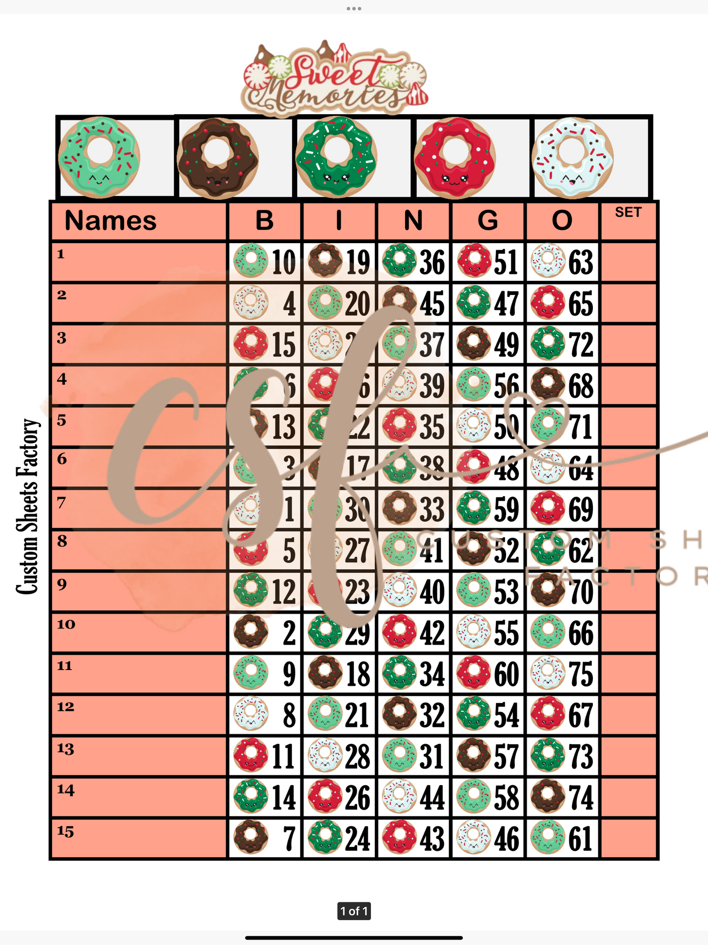 Sweet Memories - 15 Line - 75 Ball