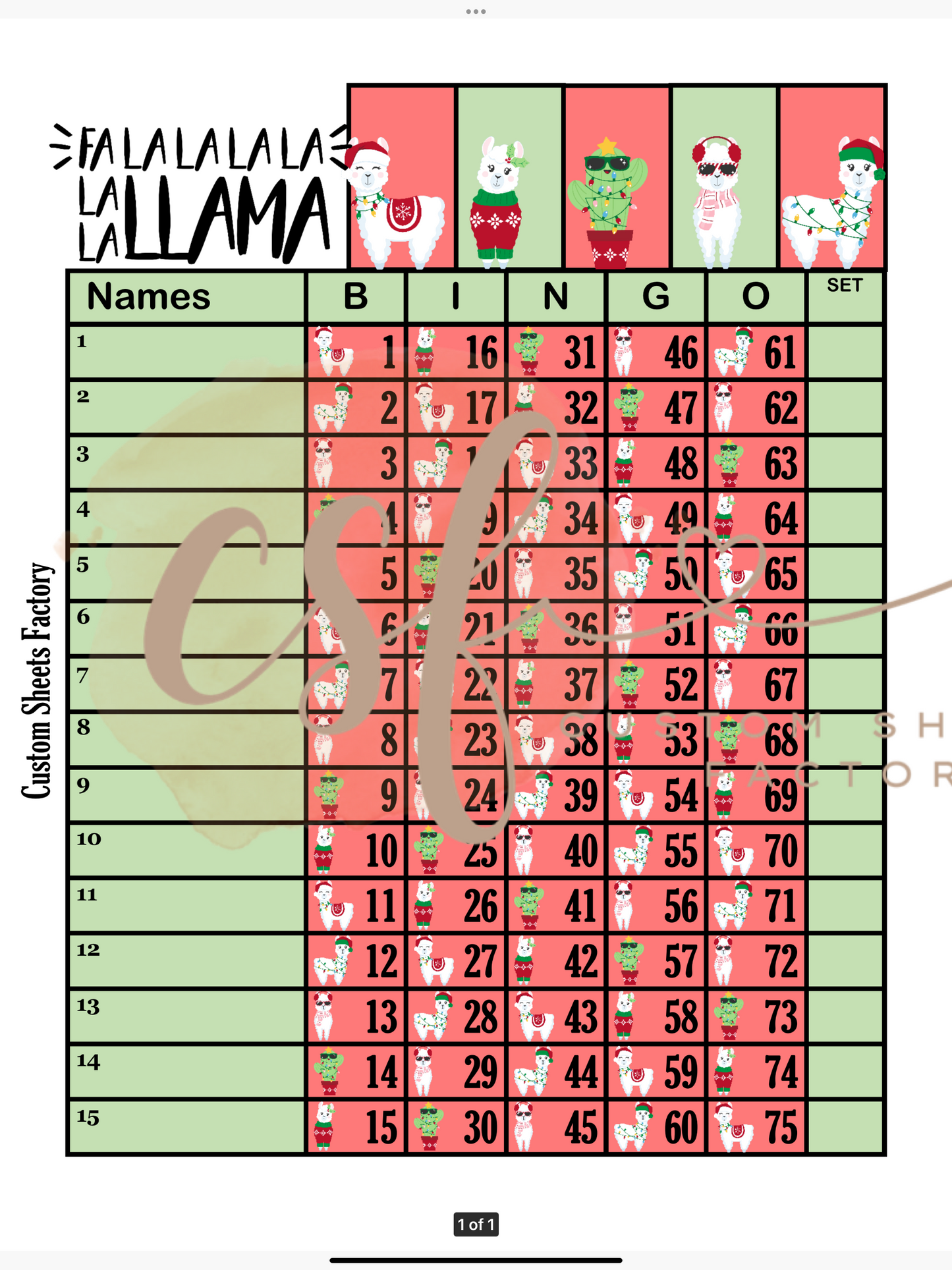 Fa la la llama - 15 Line - 75 Ball