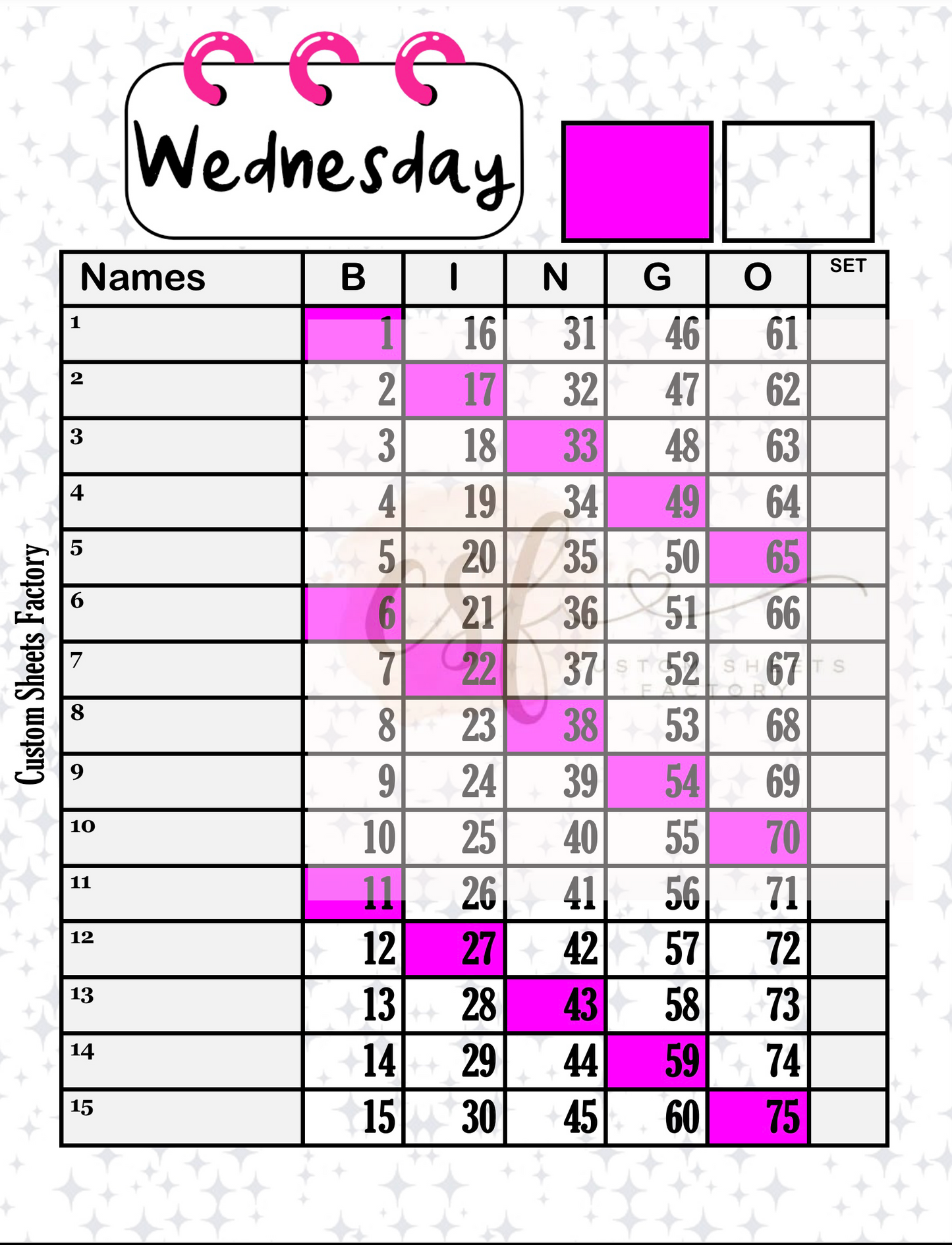 Days of the week - 15 line - 75 ball