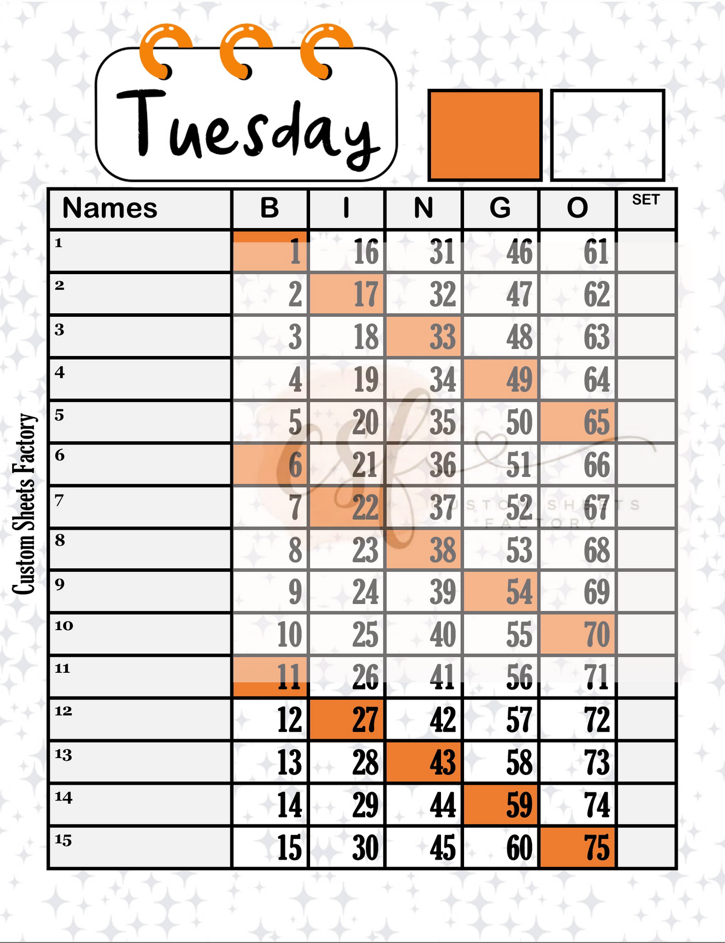 Days of the week - 15 line - 75 ball