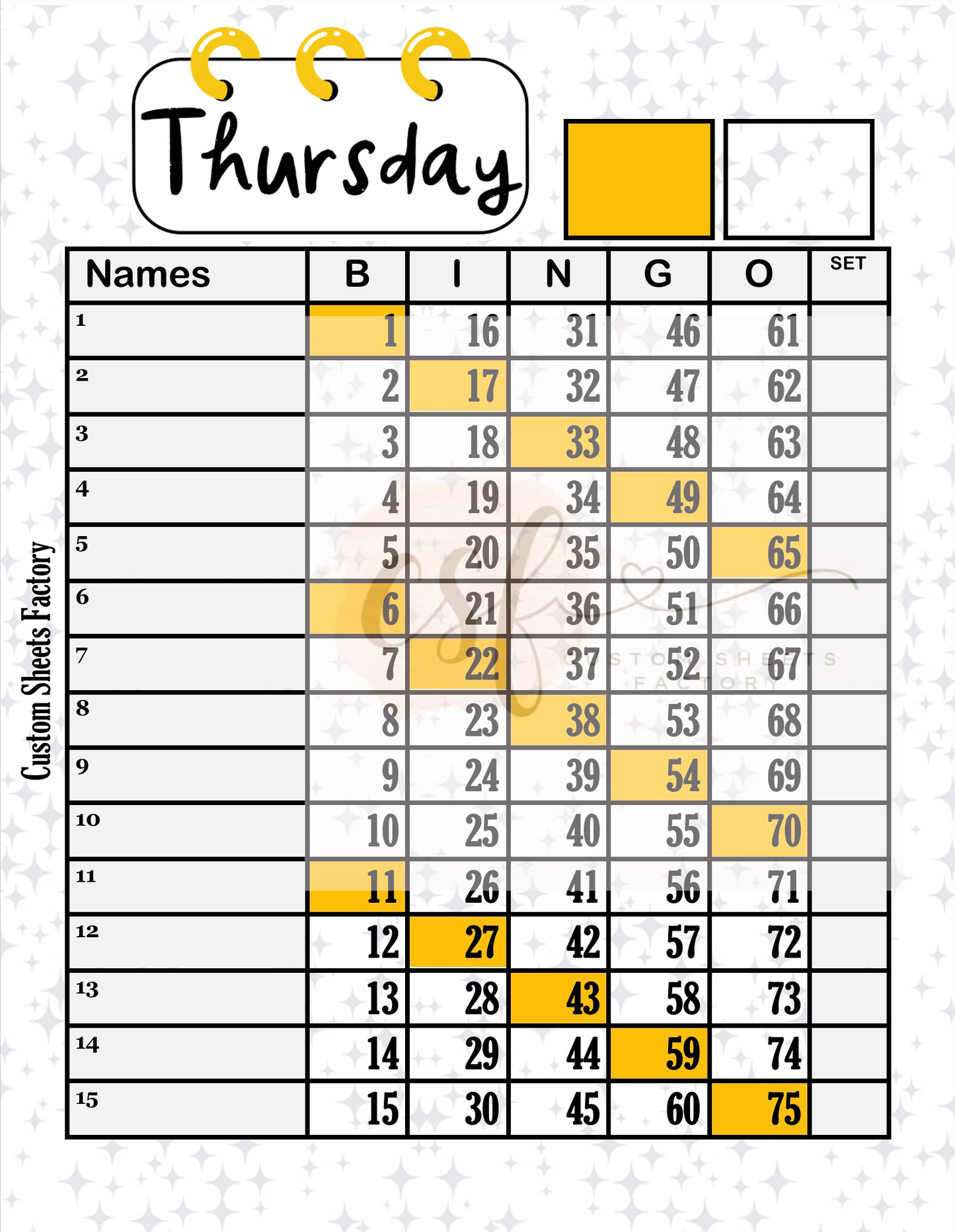 Days of the week - 15 line - 75 ball