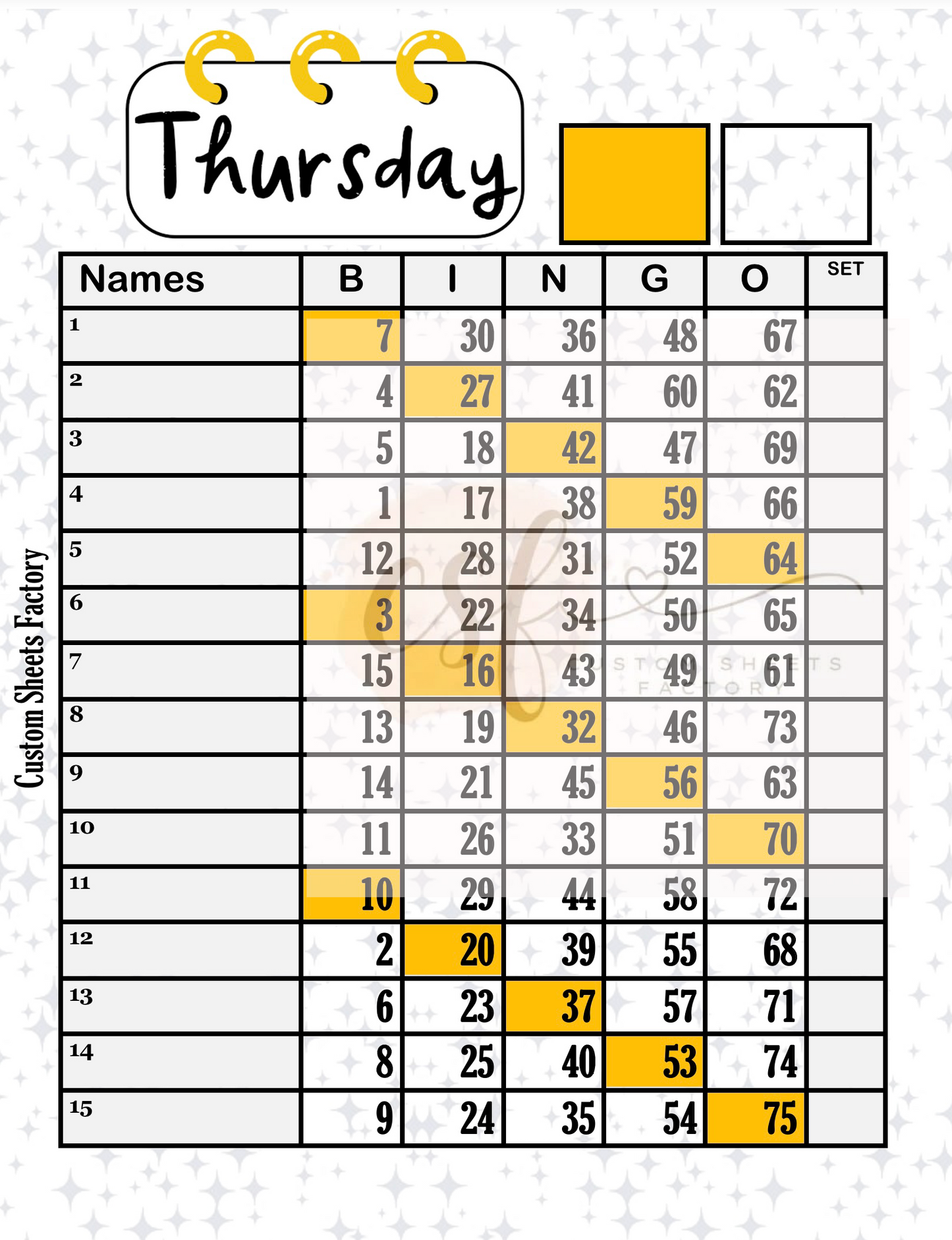 Days of the week - 15 line - 75 ball