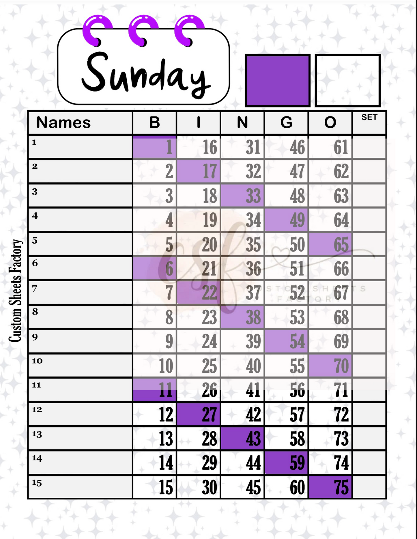 Days of the week - 15 line - 75 ball