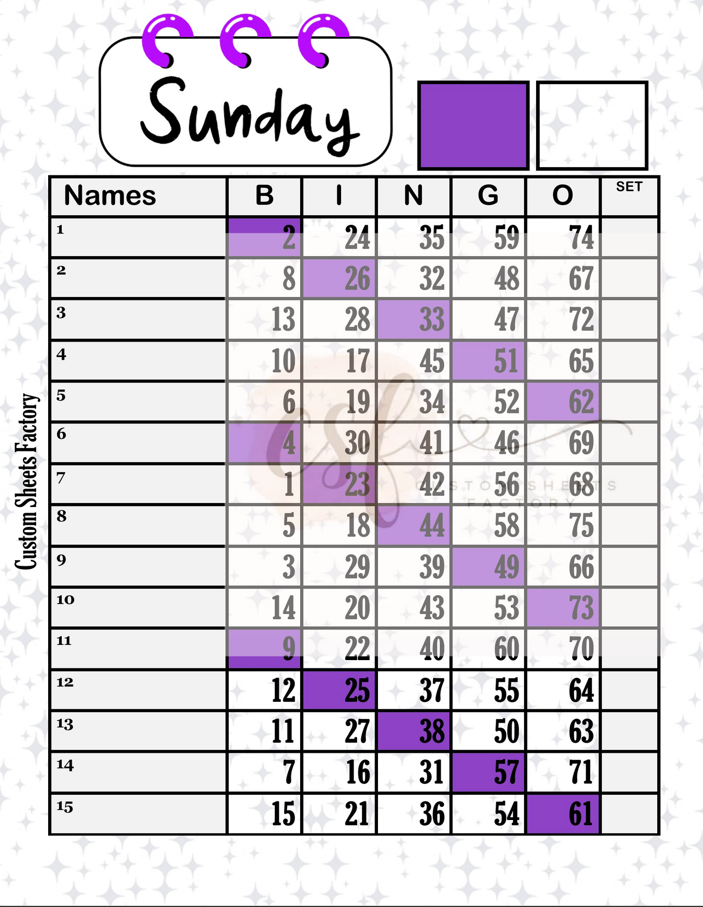 Days of the week - 15 line - 75 ball