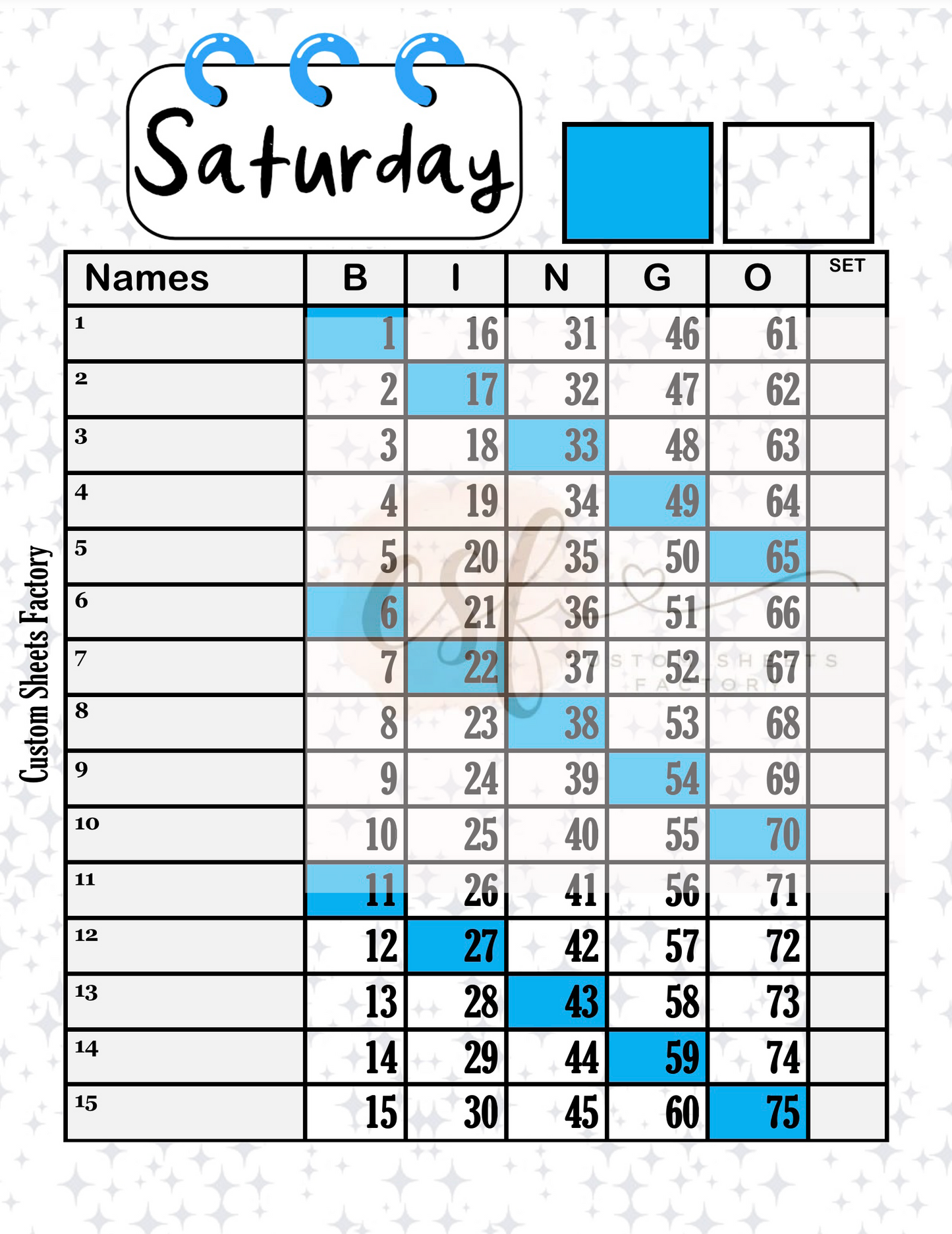 Days of the week - 15 line - 75 ball