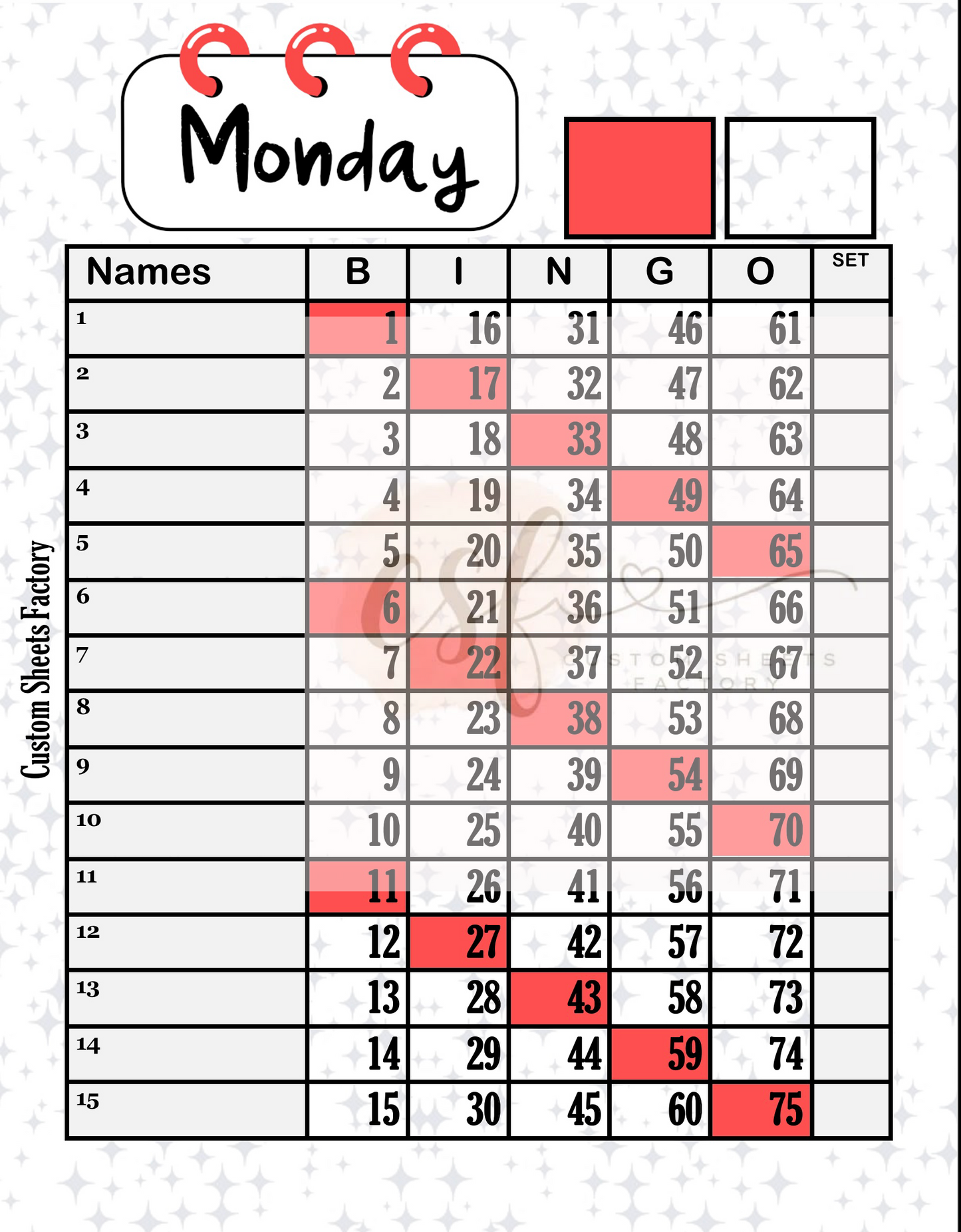 Days of the week - 15 line - 75 ball