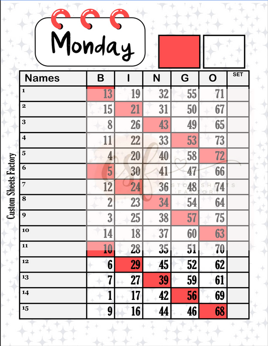 Days of the week - 15 line - 75 ball