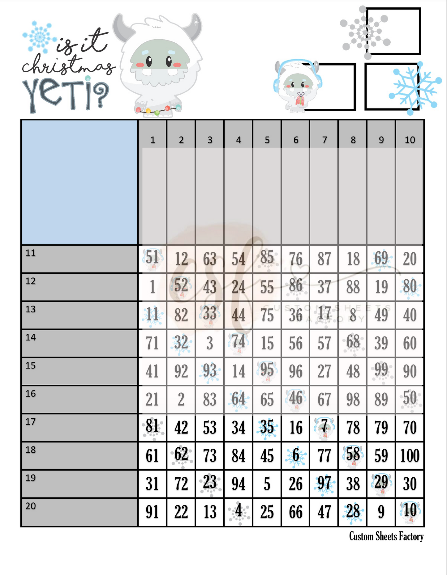 Is it Christmas yeti - Grid - 100 Ball