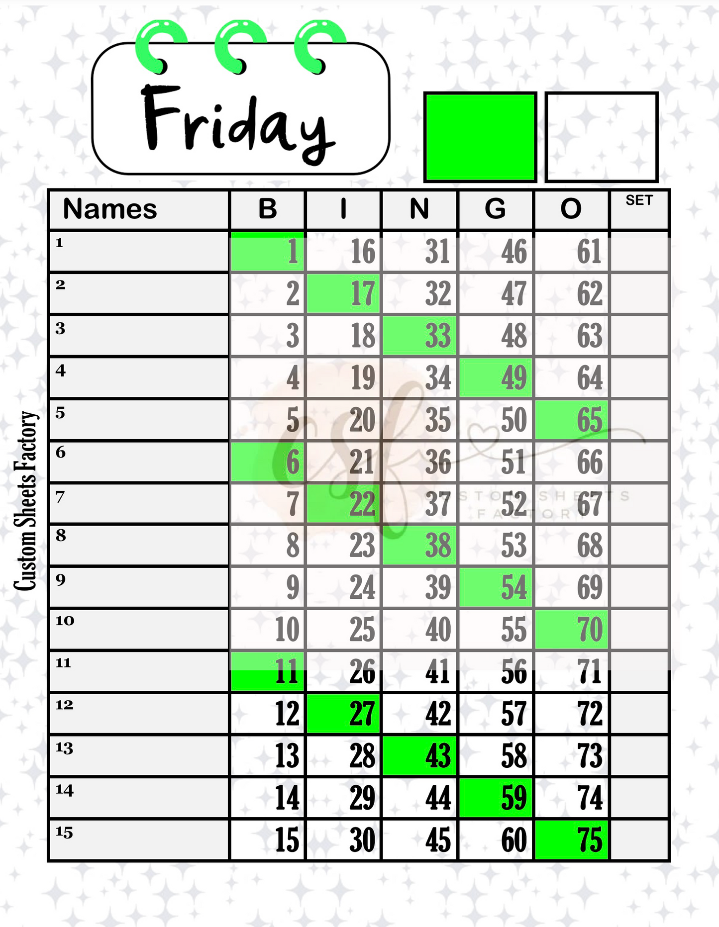 Days of the week - 15 line - 75 ball