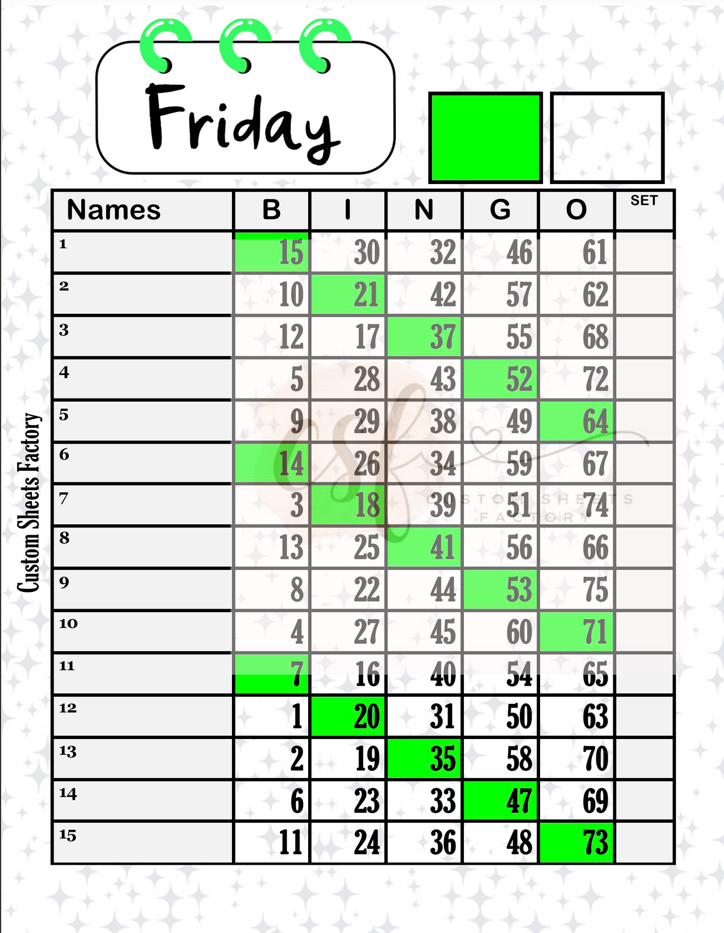 Days of the week - 15 line - 75 ball